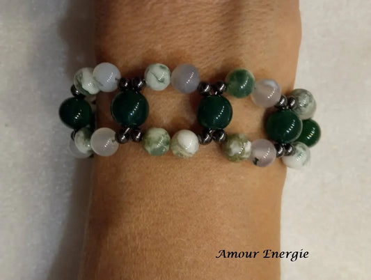 Bracelet Agate Verte Hématite double rangs